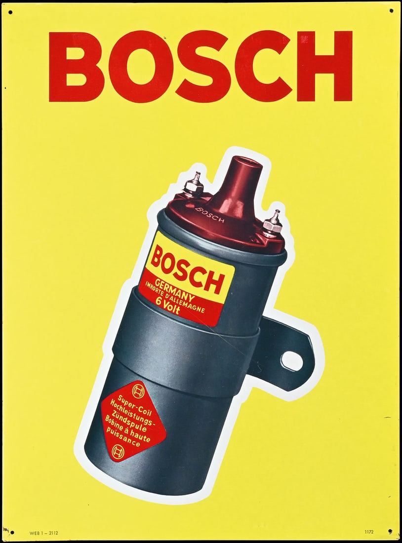 BOSCH ZUENDSPULE | 20" TIN SIGN: Tin sign, 1960s, 37 x 50 cm, marked: WEB, rare small verstion | We do only sell old original pieces - no reproductions or fakes. We pack in house, most items can be shipped overseas. Wooden crates are