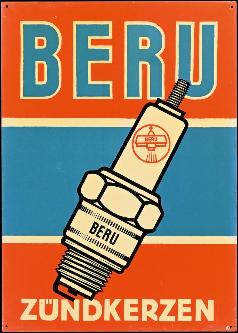 BERU ZUENDKERZEN | 20" TIN SIGN: Tin sign, GER 1950s, 37 x 51 cm, rarely so well preserved | We do only sell old original pieces - no reproductions or fakes. We pack in house, most items can be shipped overseas. Wooden crates are ava
