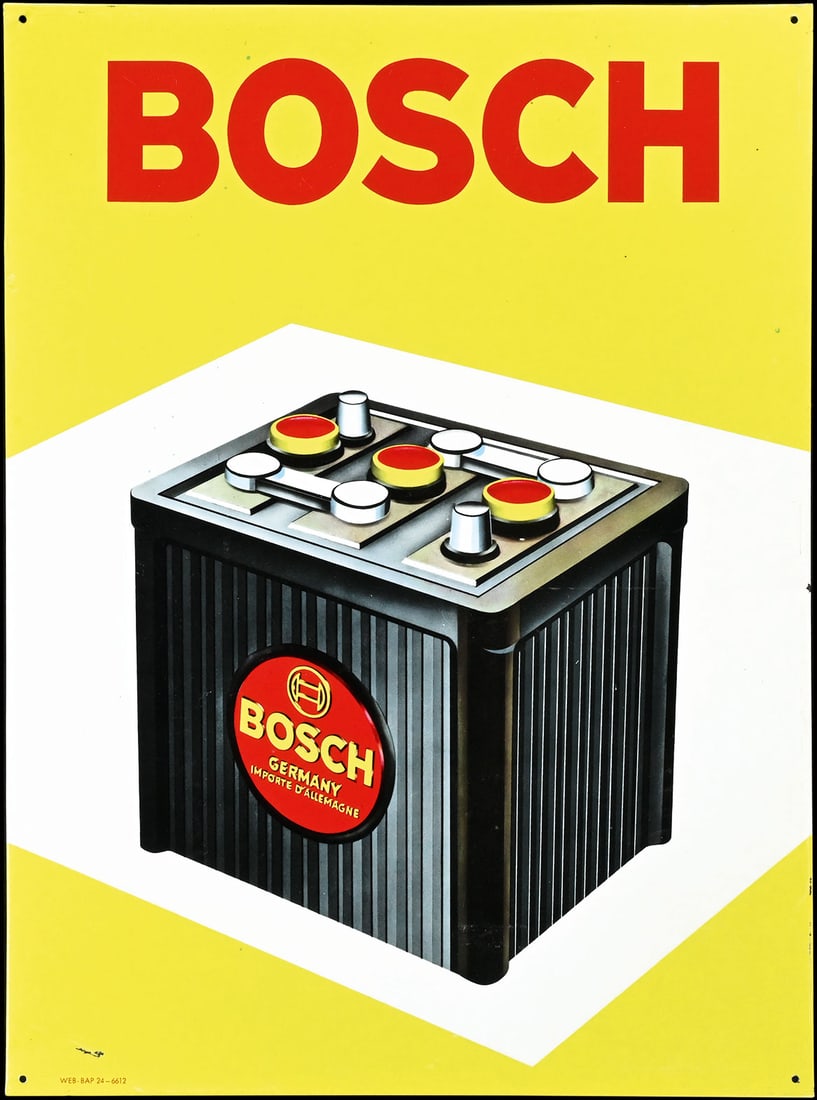 BOSCH BATTERIE | 20" TIN SIGN: Tin sign, 1960s, 37 x 50 cm, marked: WEB, rare small verstion | We do only sell old original pieces - no reproductions or fakes. We pack in house, most items can be shipped overseas. Wooden crates are