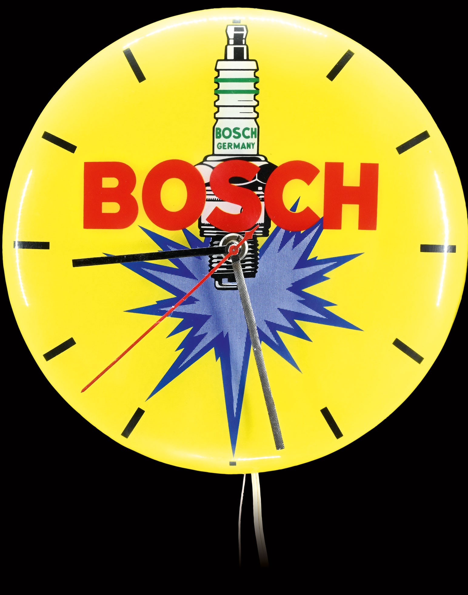 BOSCH | 12" ADVERTISING CLOCK: Advertising clock, plastic, electrified, fully functional, a pointer with silver sticker, GER 1960s, diam. 30 cm | We do only sell old original pieces - no reproductions or fakes. We pack in house, mo