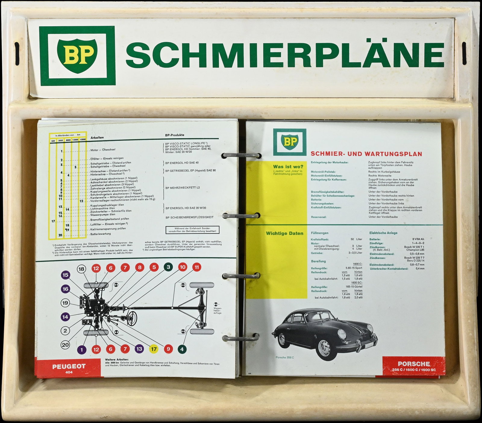BP SCHMIERPLAENE | 25" LUBRICATION CHART CASE: Lubrication chart case, with over 50 different lubrication charts, including all common Porsche and VW models, plastic body, Germany, 1960s, 63 x 58 cm, rarely found so well preserved. The body with o