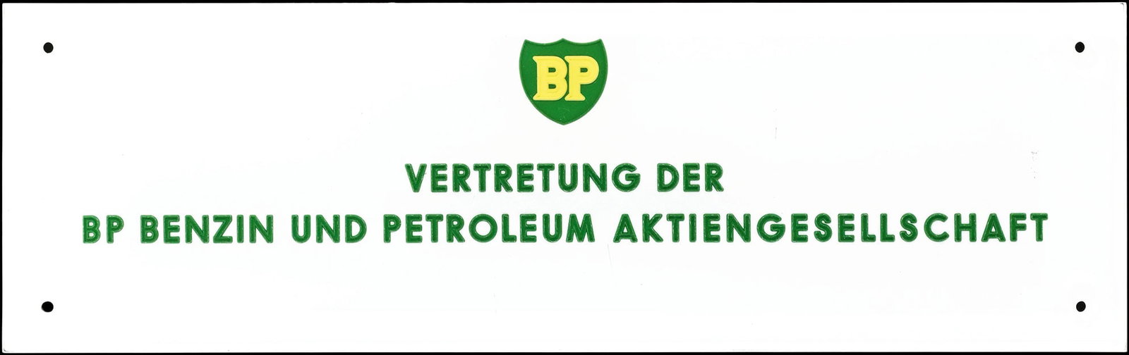 BP VERTRETUNG | 20" DEALERSHIP SIGN: Advertising sign, plastic, GER 1960s, 50 x 16 cm | We do only sell old original pieces - no reproductions or fakes. We pack in house, most items can be shipped overseas. Wooden crates are available. F