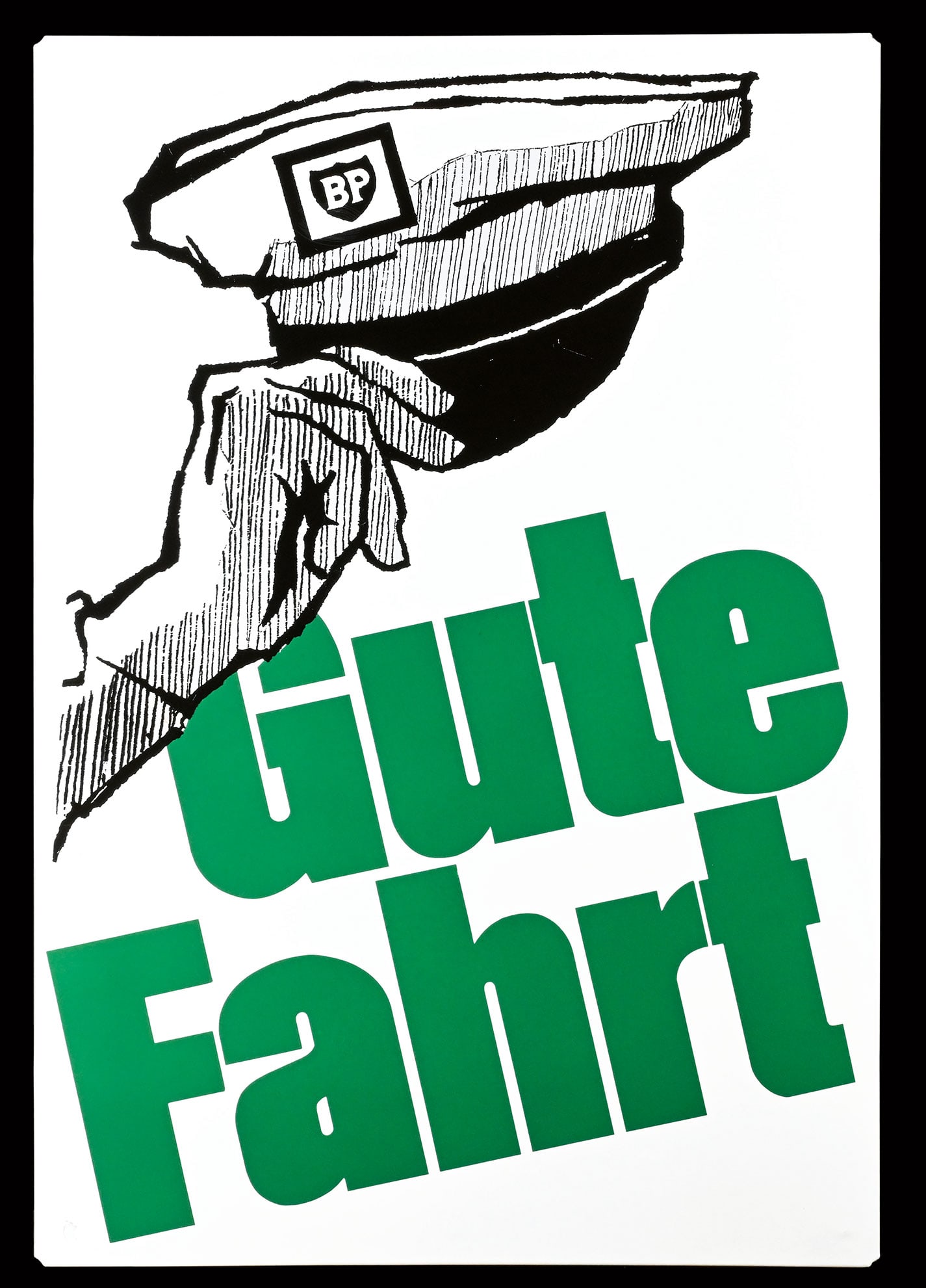 BP - GUTE FAHRT | 47" PORCELAIN SIGN: Porcelain sign ( Enamel sign ), stenciled, GER/AT/CH around 1960, 80 x 120 cm, a small touched-up chip size of a 5-cent coin refuses the best grading, high gloss, striking colors, the back with the ol
