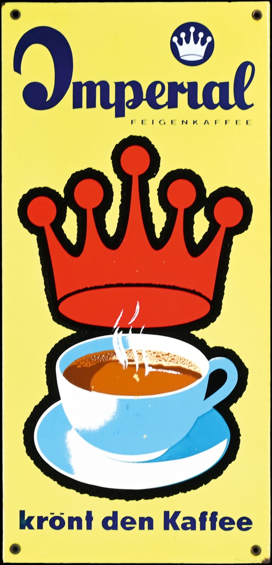 IMPERIAL FEIGENKAFFEE | PORCELAIN SIGN | (1): Porcelain sign ( Enamel sign ), stenciled, Vienna/AT 1950s, 32 x 64 cm, Hoelzl, Wien, wonderfully preserved classic, perfect gloss and colors, the material is stable, the surface without scratches | W