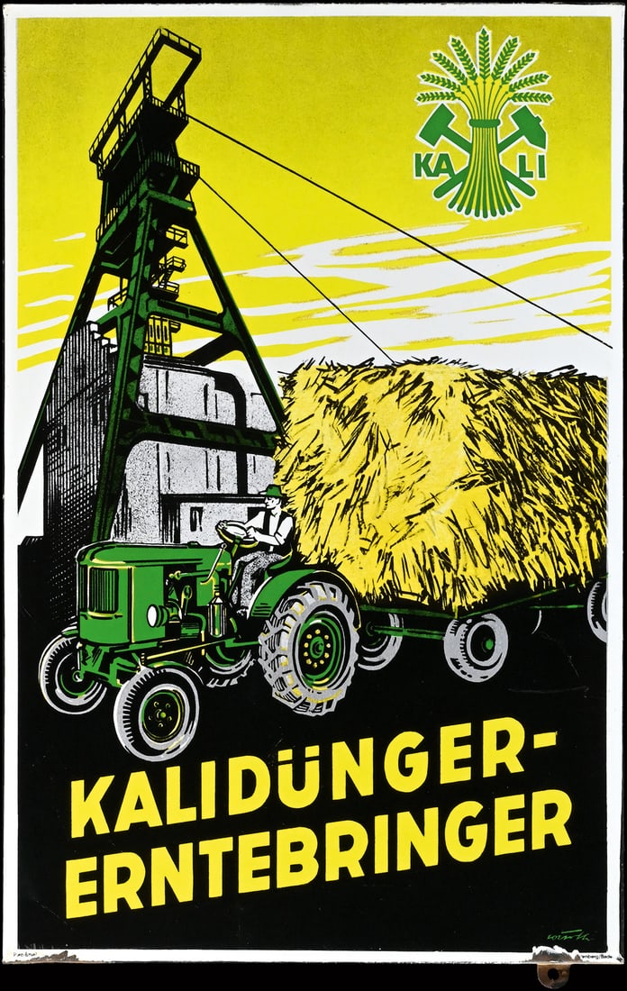 KALIDUENGER ERNTEBRINGER | PORCELAIN SIGN | (1-2): Porcelain sign ( Enamel sign ), stenciled and lithographed, GER round 1950, 38 x 58 cm, Pyro-Email - Boos & Hahn, Ortenberg-Baden, the lower right signed: Wuerth, a flap missing, very beautiful preser