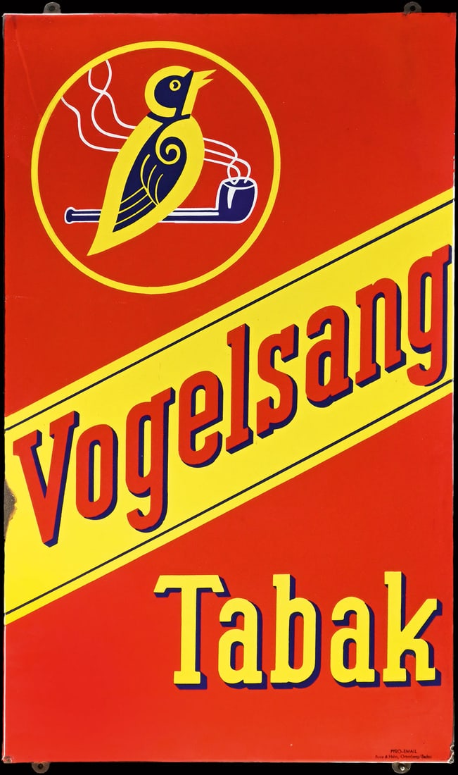 VOGELSANG TABAK | PORCELAIN SIGN | (1): Porcelain sign ( Enamel sign ), stenciled, GER 1930s, 48 x 78 cm | We do only sell old original pieces - no reproductions or fakes. We pack in house, most items can be shipped overseas. Wooden crates 