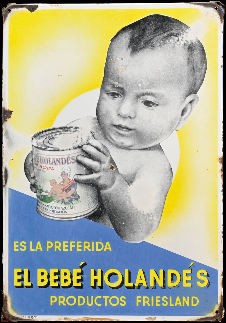EL BEBE HOLANDES | PORCELAIN SIGN | (3): Porcelain sign ( Enamel sign ), stenciled and lithographed, NL around 1950, 47 x 68 cm, heavy traces of usage, three additional holes for mounting | We do only sell old original pieces - no reproducti