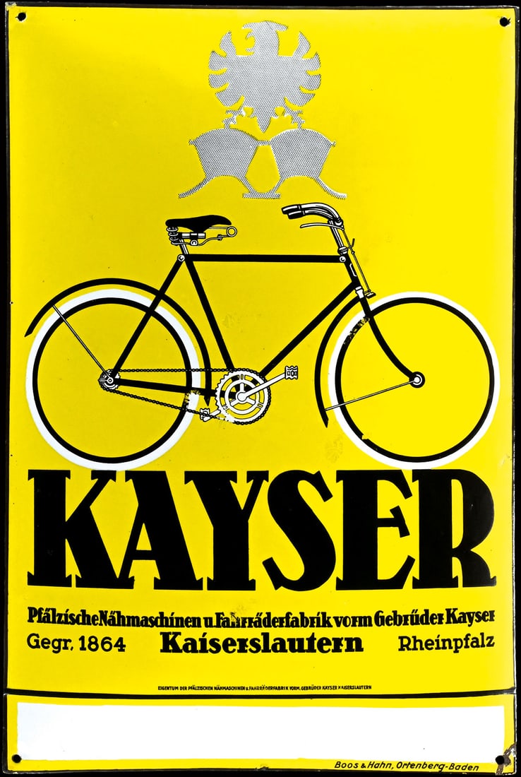 KAYSER FAHRRAEDER | PORCELAIN SIGN | (1-): Porcelain sign ( Enamel sign ), convex, stenciled and lithographed, GER around 1930, 39 x 59 cm, Boos & Hahn, Ortenberg-Baden, apart from scattered traces of aging in a preservation one rarely finds |