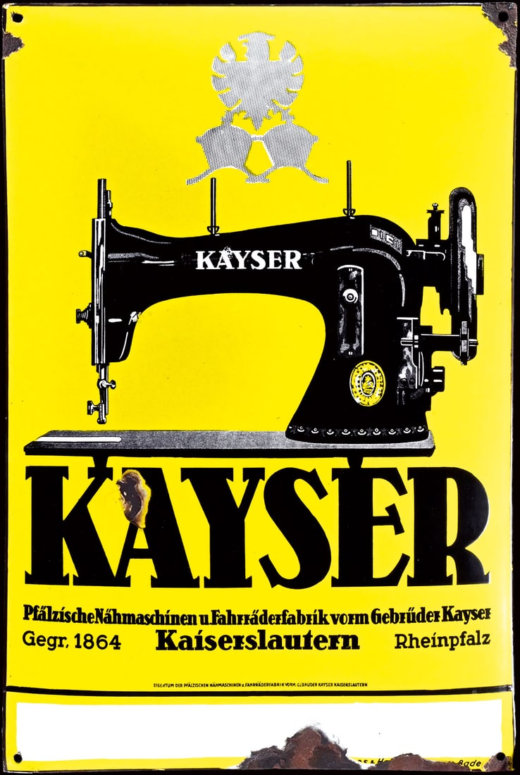 KAYSER NAEHMASCHINEN | PORCELAIN SIGN | (2): Porcelain sign ( Enamel sign ), convex, stenciled and lithographed, GER around 1930, 39 x 59 cm, Boos & Hahn, Ortenberg-Baden | We do only sell old original pieces - no reproductions or fakes. We pack