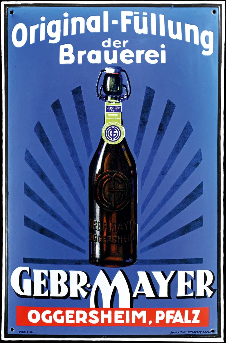 BRAUEREI GEBR. MAYER | RARE PORCELAIN SIGN | (1++): Porcelain sign ( Enamel sign ), convex, stenciled and lithographed, GER around 1930, 39 x 59 cm, Pyro-Email, Boos & Hahn, Ortenberg-Baden, one of the gems in a special collection we have the privilege