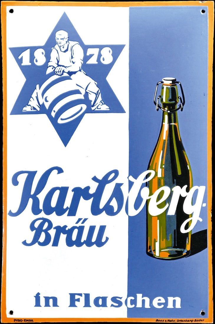 KARLSBERG BRAEU | ICONIC PORCELAIN SIGN | (1): Porcelain sign ( Enamel sign ), convex, stenciled and lithographed, GER around 1930, 40 x 60 cm, Pyro-Email, Boos & Hahn, Ortenberg-Baden, in addition to advertisements from our own region, we're of c
