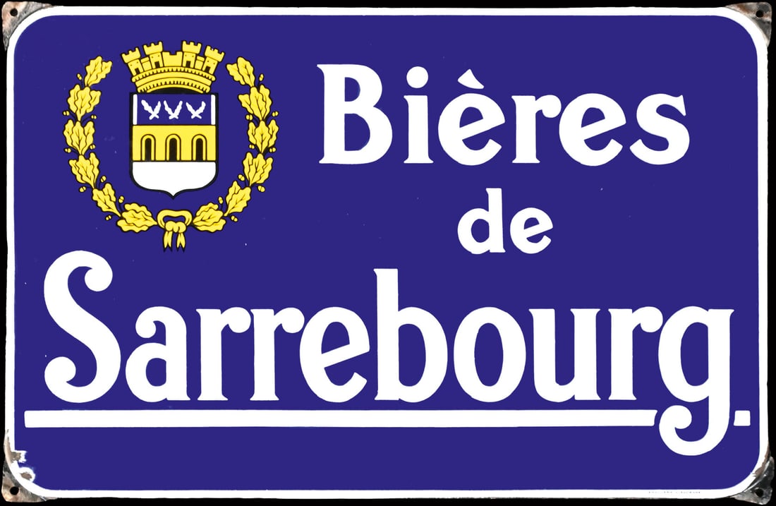 BIERES DE SARREBOURG | PORCELAIN SIGN | (1): Porcelain sign ( Enamel sign ), stenciled and lithographed, Saarburg/F 1950s, 58 x 38 cm, Emaillerie Alsacienne Strasbourg Hoenheim | We do only sell old original pieces - no reproductions or fakes. W