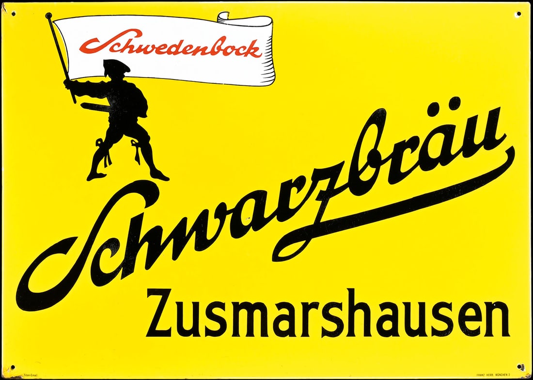 SCHWARZBRAEU SCHWEDENBOCK | PORCELAIN SIGN | (1): Porcelain sign ( Enamel sign ), stenciled, GER 1930s, 70 x 50 cm, Titan-Email - Muenchener Emaillier- u. Stanzwerke | We do only sell old original pieces - no reproductions or fakes. We pack in house,