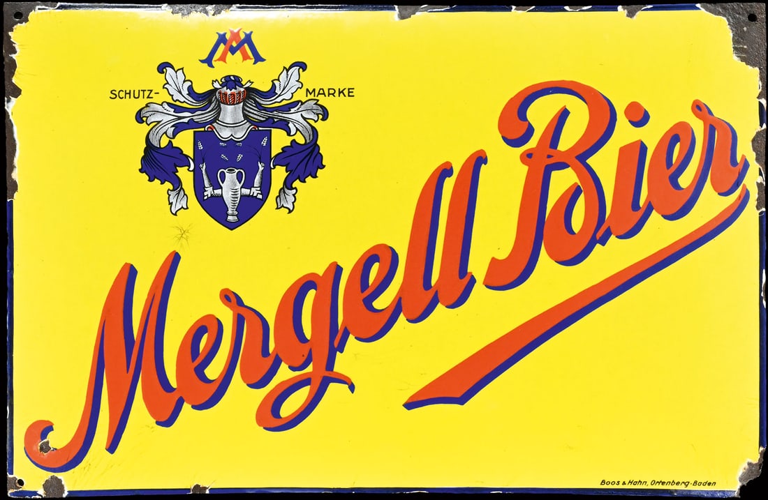 MERGELL BIER | PORCELAIN SIGN | (2-3): Porcelain sign ( Enamel sign ), convex, stenciled, GER around 1930, 60 x 40 cm, Boos & Hahn, Ortenberg-Baden, very good surface, the right lower corner with material loss | We do only sell old origina