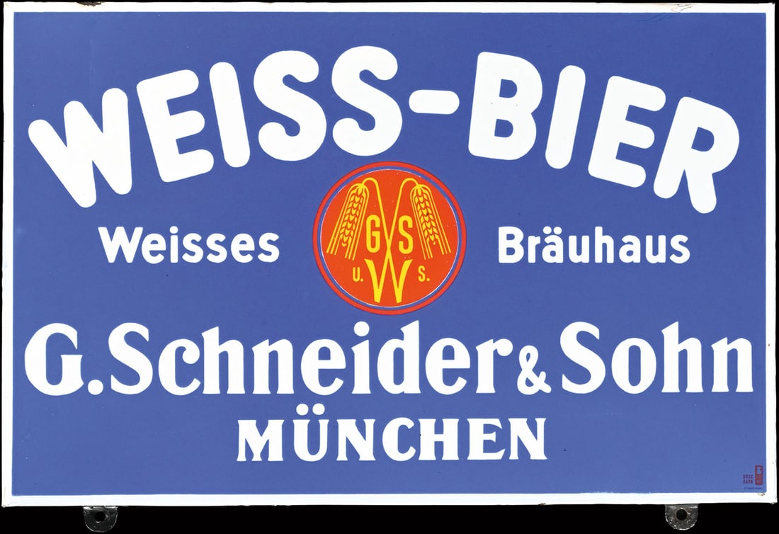 WEISS-BIER BRAEUHAUS SCHNEIDER | PORCELAIN SIGN | (1): Porcelain sign ( Enamel sign ), stenciled, GER 1950s, 48 x 31 cm, Pyro-Email, Boos & Hahn, Ortenberg/Baden | We do only sell old original pieces - no reproductions or fakes. We pack in house, most ite