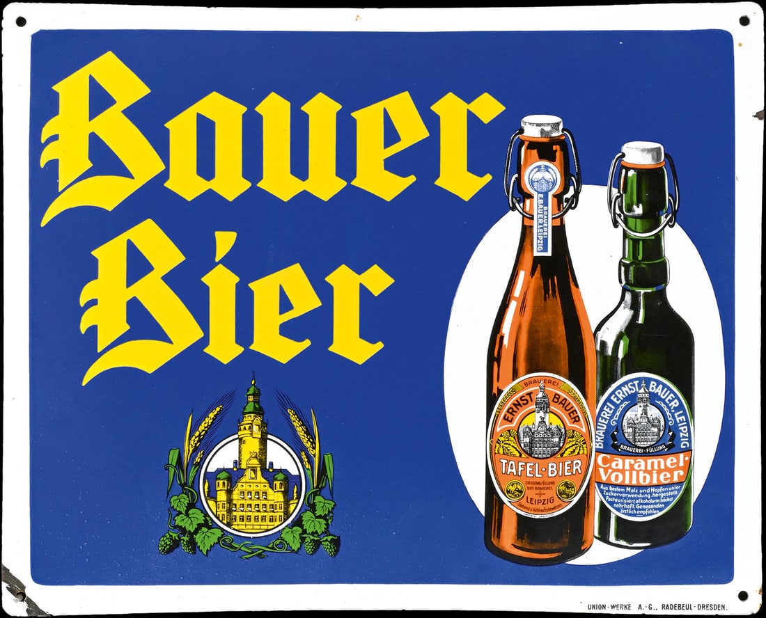 BAUER BIER | PORCELAIN SIGN | (1): Porcelain sign ( Enamel sign ), convex, stenciled and lithographed, GER around 1930, 50 x 40 cm, Union-Werke A.-G. Radebeul-Dresden | We do only sell old original pieces - no reproductions or fakes. W