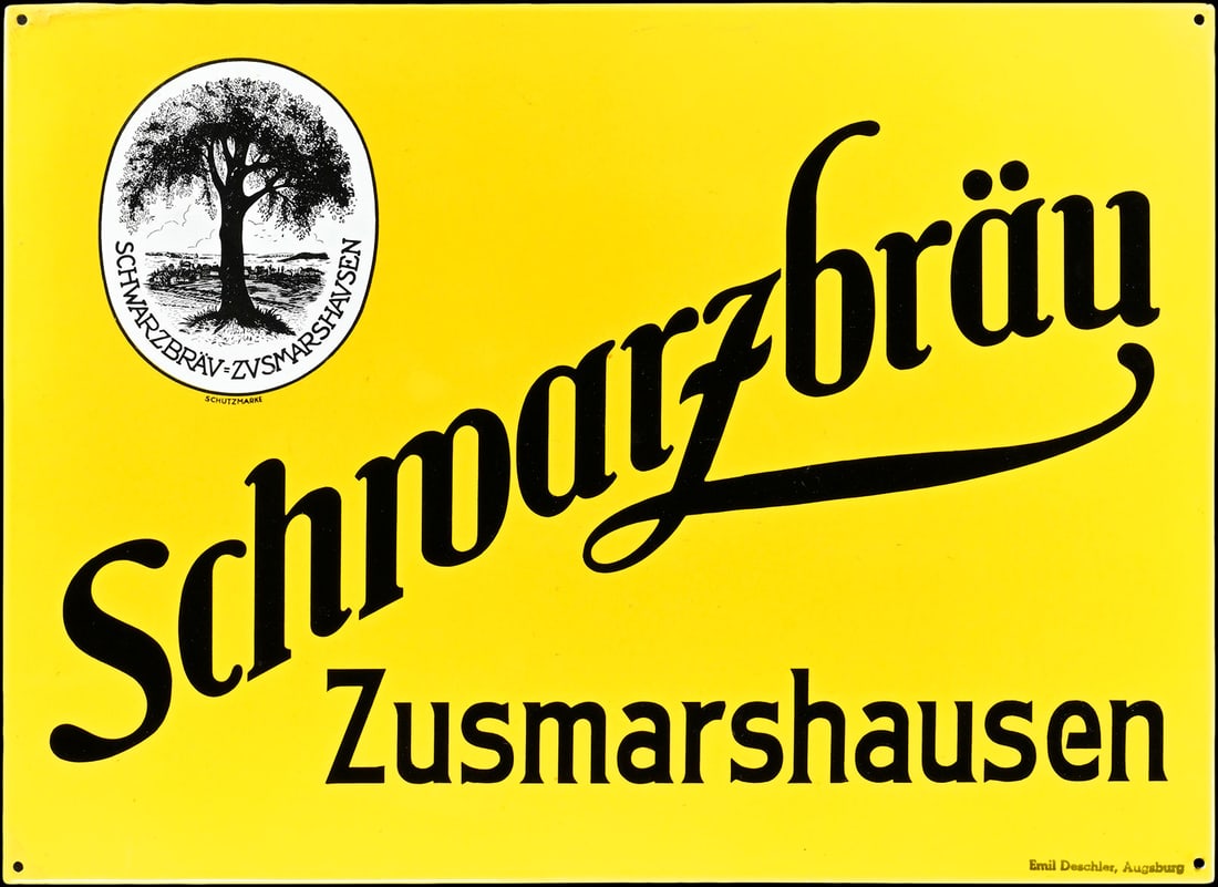 SCHWARZBRAEU ZUSMARSHAUSEN | PORCELAIN SIGN | (2): Porcelain sign ( Enamel sign ), stenciled, GER 1930s, 70 x 50 cm, Emil Deschler, Augsburg, rare, three corners with old touch-ups, fresh surface | We do only sell old original pieces - no reproduction