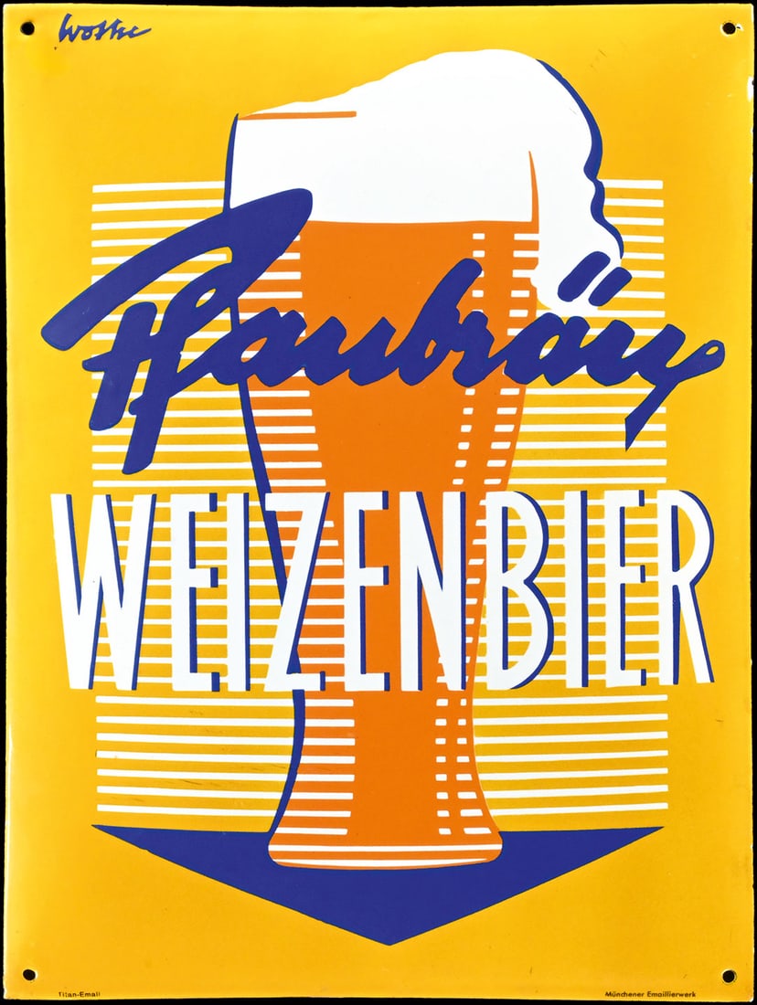 PFAUBRAEU WEIZENBIER | PORCELAIN SIGN | (1+): Porcelain sign ( Enamel sign ), convex, stenciled, GER around 1950, 30 x 40 cm, Titan-Email, Muenchener Emaillierwerk, signed: Wothe | We do only sell old original pieces - no reproductions or fakes. 