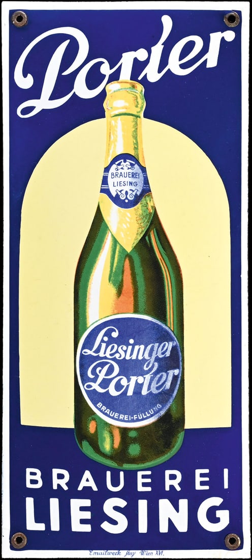 LIESINGER PORTER | PORCELAIN SIGN | (1+): Porcelain sign ( Enamel sign ), convex, stenciled and lithographed, AT around 1930, 17 x 36 cm, Emailwerk Steg, Wien, wonderful preservation, amazing colors | We do only sell old original pieces - no 