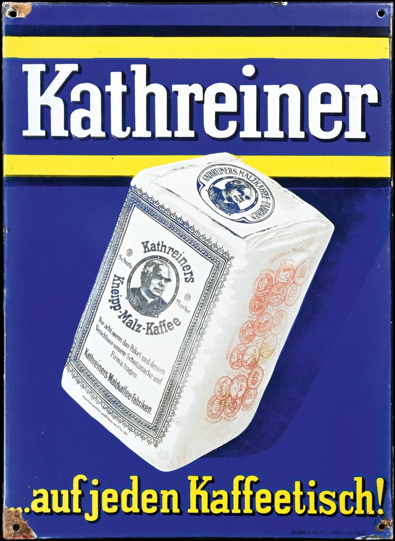 KATHREINER | PORCELAIN SIGN | (2+): Porcelain sign ( Enamel sign ), stenciled and lithographed, GER around 1930, 40 x 56 cm, Stark & Riese, Tannroda | We do only sell old original pieces - no reproductions or fakes. We pack in house, mo