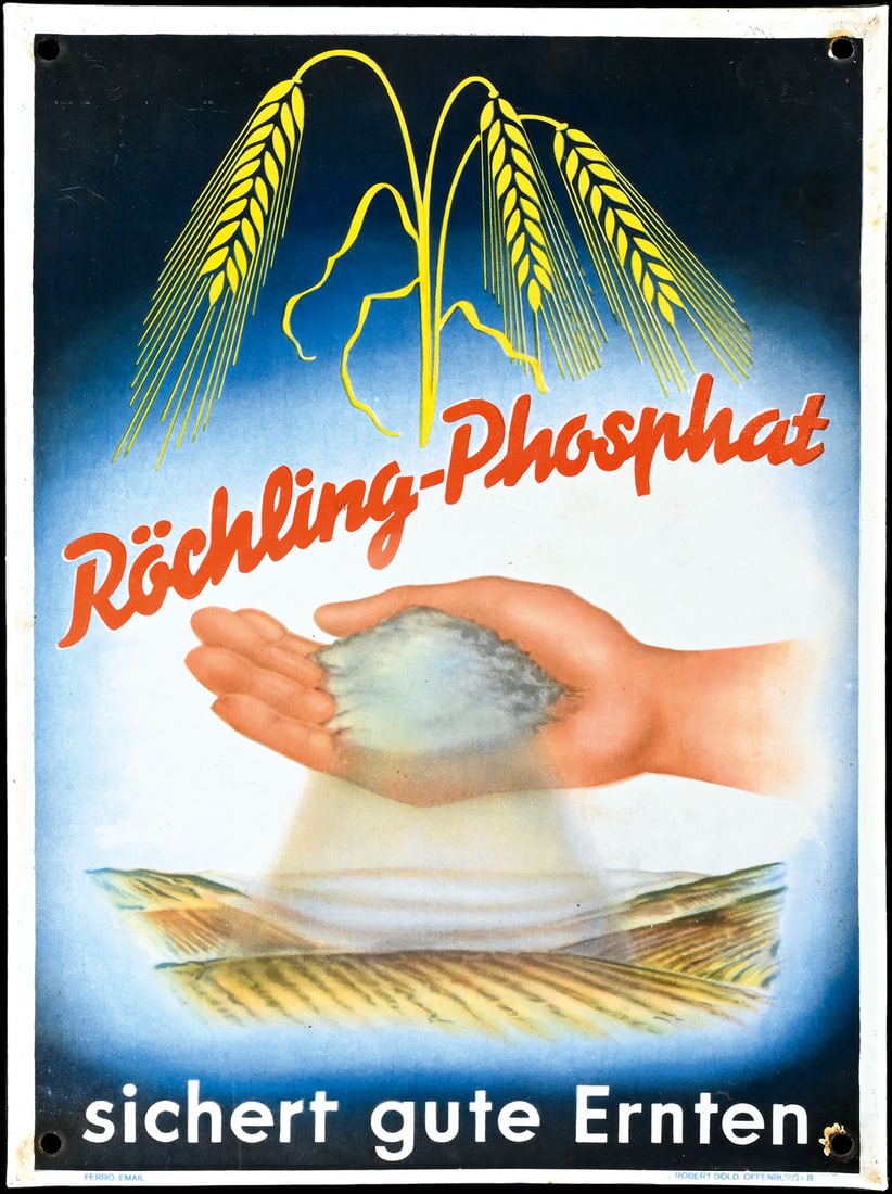 ROECHLING-PHOSPHAT | PORCELAIN SIGN | (1): Porcelain sign ( Enamel sign ), stenciled and lithographed, GER around 1950, 28 x 38 cm, Ferro-Email, C. Robert Dold, Offenburg i.B. | We do only sell old original pieces - no reproductions or fakes. 