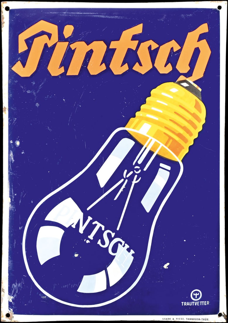 PINTSCH | PORCELAIN SIGN | (2-): Porcelain sign ( Enamel sign ), convex, stenciled, GER around 1930, 35 x 49 cm, Stark & Riese Tannroda-Thuer., signed: Trautvetter | We do only sell old original pieces - no reproductions or fakes. We