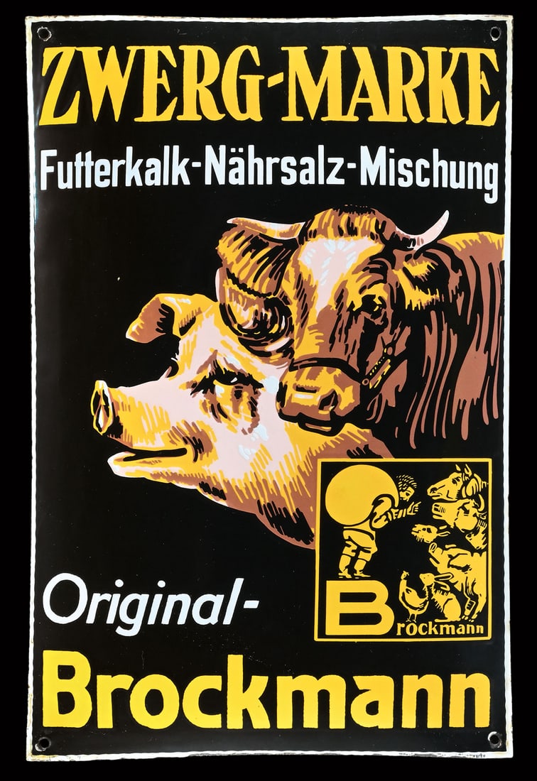 BROCKMANN ZWERG-MARKE | PORCELAIN SIGN | (1): Porcelain sign ( Enamel sign ), convex, stenciled, GER around 1920, 33 x 50 cm, Titan-Email, Muenchener Emaillier- und Stanzwerke | We do only sell old original pieces - no reproductions or fakes. We 