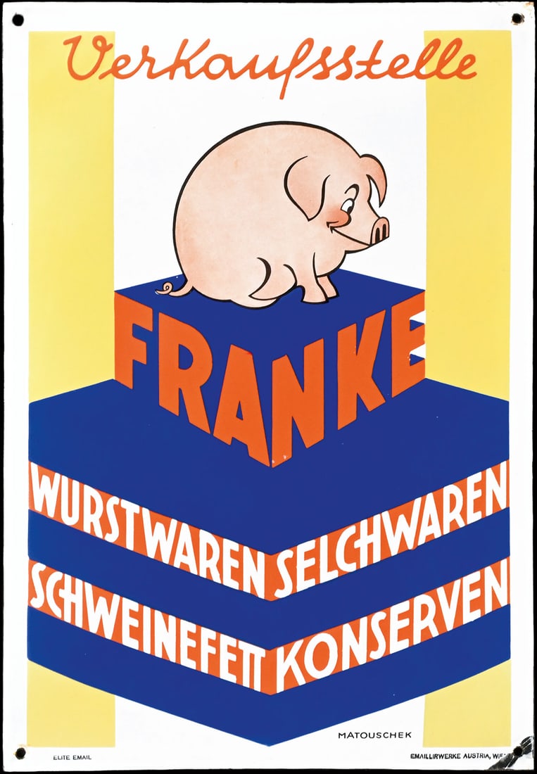 FRANKE WURSTWAREN | PORCELAIN SIGN | (1): Porcelain sign ( Enamel sign ), convex, stenciled and lithographed, AT 1930s, 35 x 50 cm, Elite Email, Emaillirwerke Austria, Wien, signed: Matouschek | We do only sell old original pieces - no reprod
