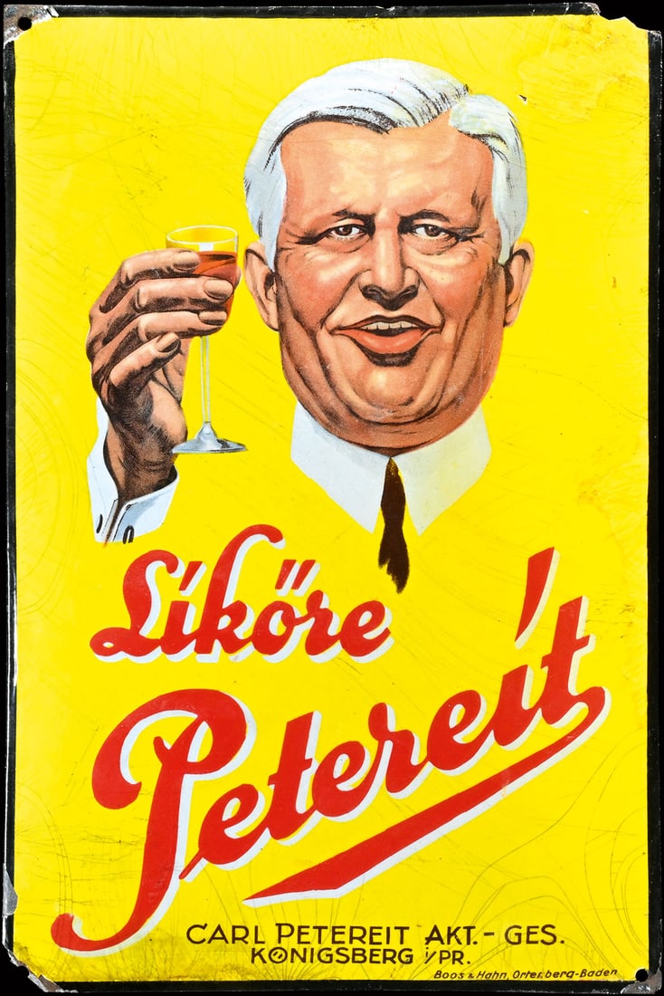 LIKOERE PETEREIT | SUPER RARE PORCELAIN SIGN | (3-4): Porcelain sign ( Enamel sign ), convex, stenciled and lithographed, Koenigsberg (today Kaliningrad) around 1930, 33 x 49 cm, Boos & Hahn, Ortenberg-Baden, though it shows signs of wear and has been to
