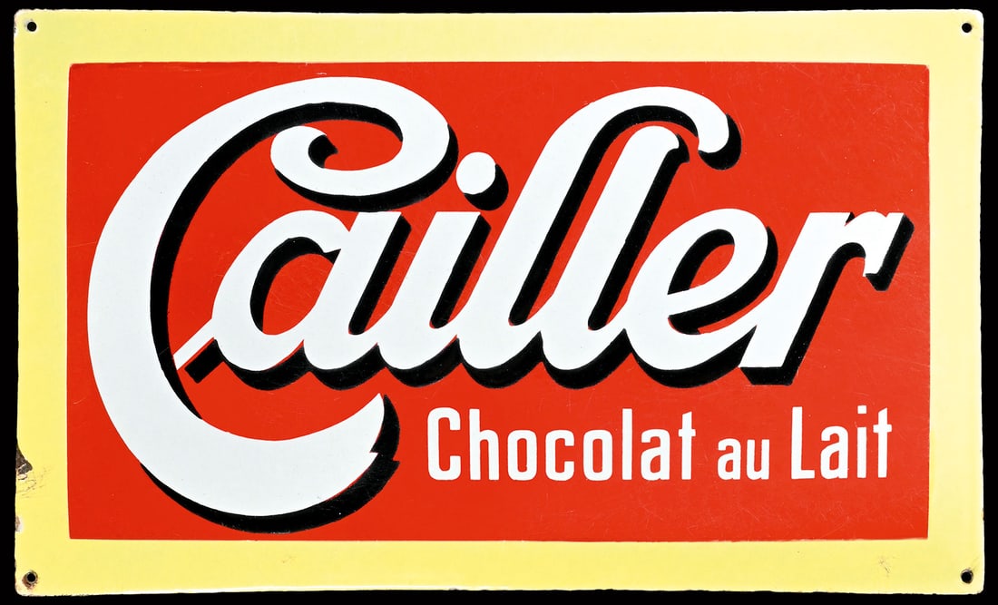 CAILLER CHOCOLAT AU LAIT | PORCELAIN SIGN | (2): Porcelain sign ( Enamel sign ), convex, stenciled, CH around 1930, 50 x 30 cm, the surface with scratches and traces of aging, the gloss is very beautiful, rare | We do only sell old original pieces -