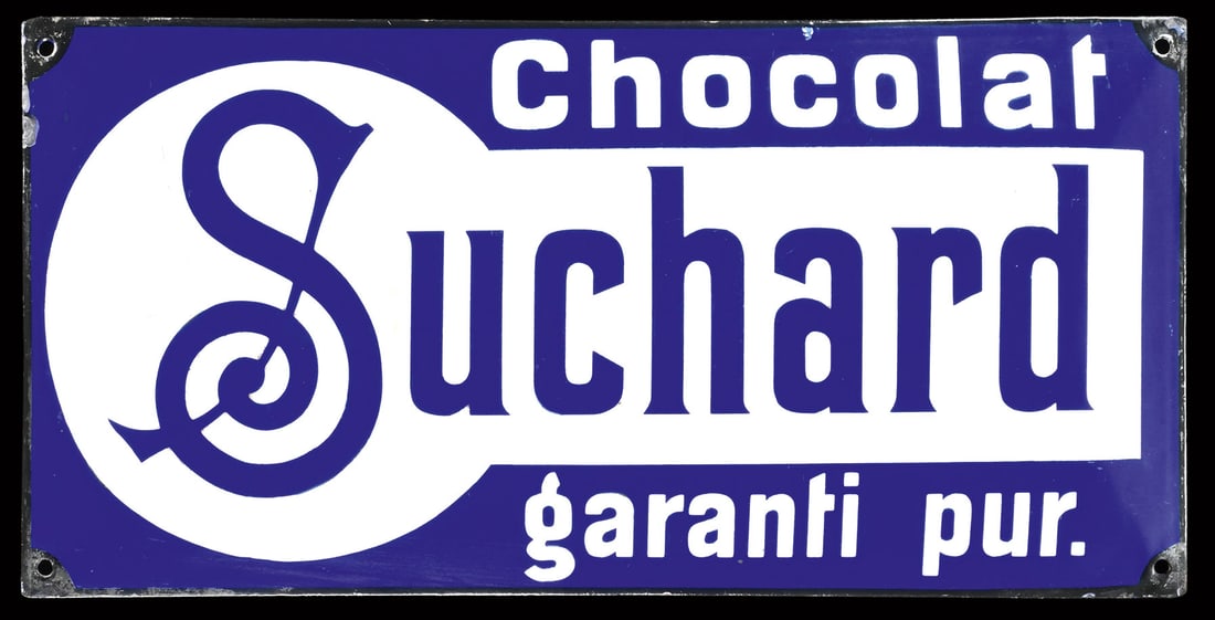 CHOCOLAT SUCHARD | PORCELAIN SIGN | (1): Porcelain sign ( Enamel sign ), convex, stenciled, CH around 1910, 50 x 25 cm, ancient piece in wonderful preservation, small enamel error above the "C" on the upper border, the surface is very glossy