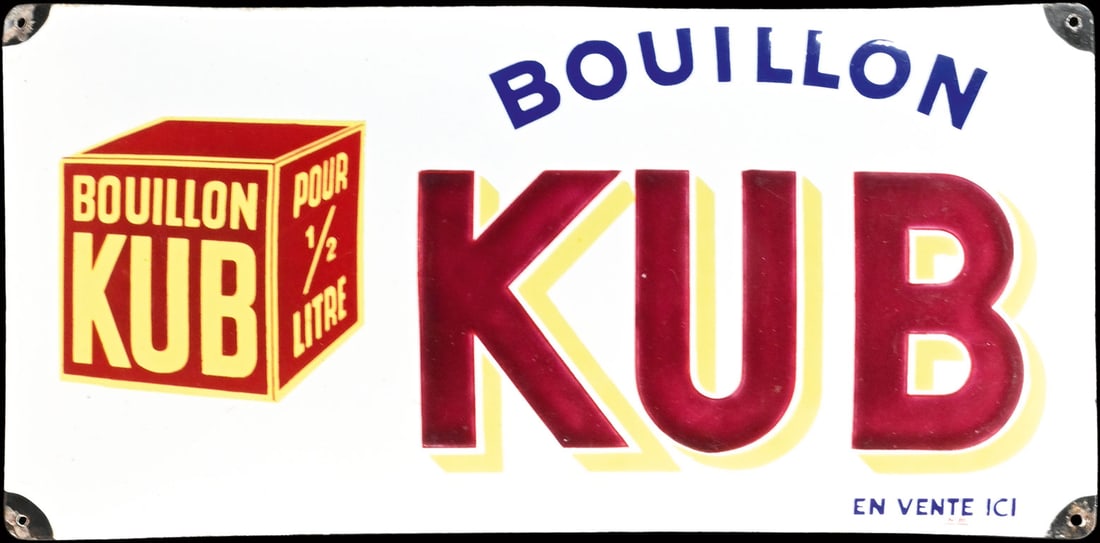 BOUILLON KUB | PORCELAIN SIGN | (1): Porcelain sign ( Enamel sign ), convex, stenciled, F May 1938, 49 x 24 cm | We do only sell old original pieces - no reproductions or fakes. We pack in house, most items can be shipped overseas. Woode