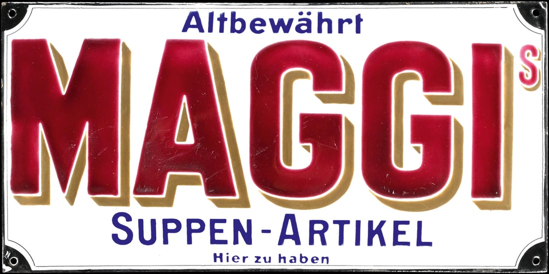 MAGGI ALTBEWAEHRT | PORCELAIN SIGN | (1-2): Porcelain sign ( Enamel sign ), convex, thickly stenciled, GER around 1920, 49 x 24 cm, early version with brown shadow and scratches, very beautiful gloss | We do only sell old original pieces - no r