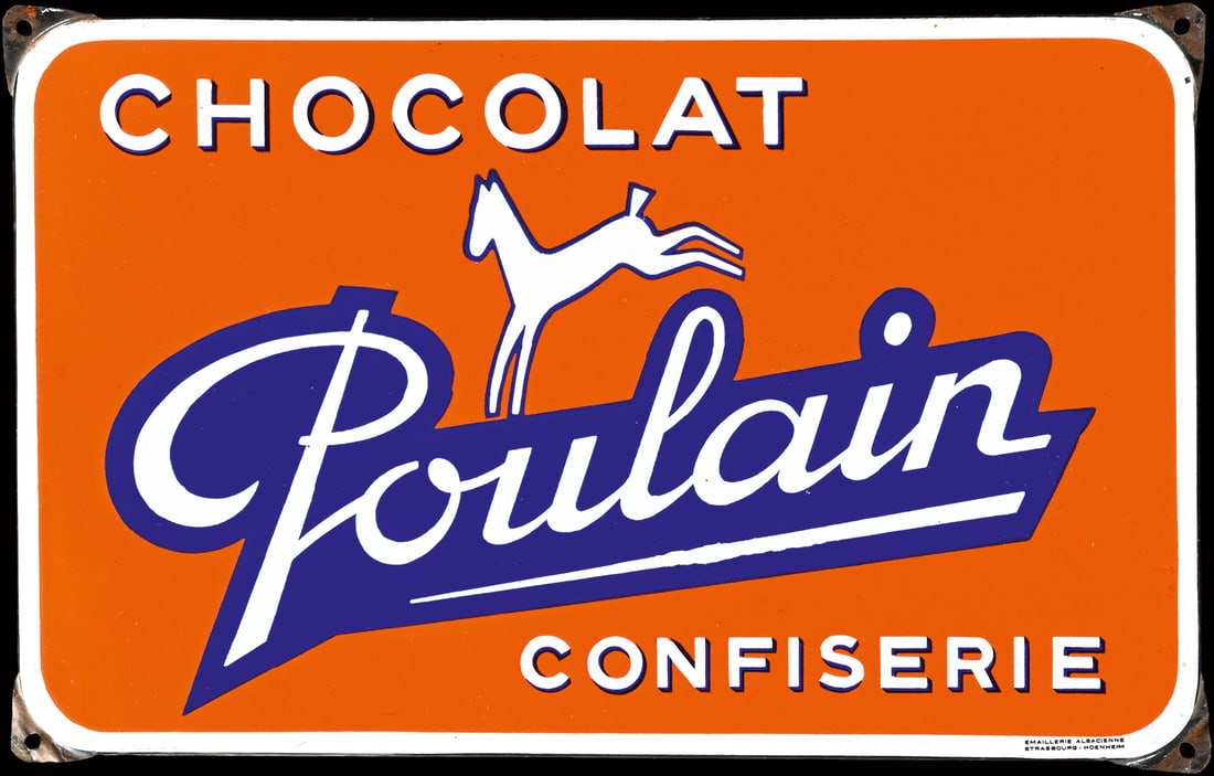 CHOCOLAT POULIN | PORCELAIN SIGN | (1+): Porcelain sign ( Enamel sign ), stenciled, F 1950s, 48 x 30 cm, Emaillerie Alsacienne Strasbourg-Hoenheim, wonderfully preserved apart from slight damages on the flaps | We do only sell old original p