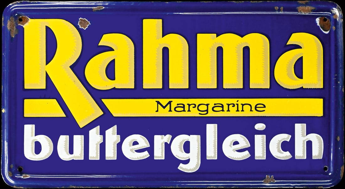 RAHMA MARGARINE BUTTERGLEICH | PORCELAIN SIGN | (2): Porcelain sign ( Enamel sign ), stenciled, GER 1920s, 55 x 30 cm, very beautiful gloss and colors | We do only sell old original pieces - no reproductions or fakes. We pack in house, most items can be