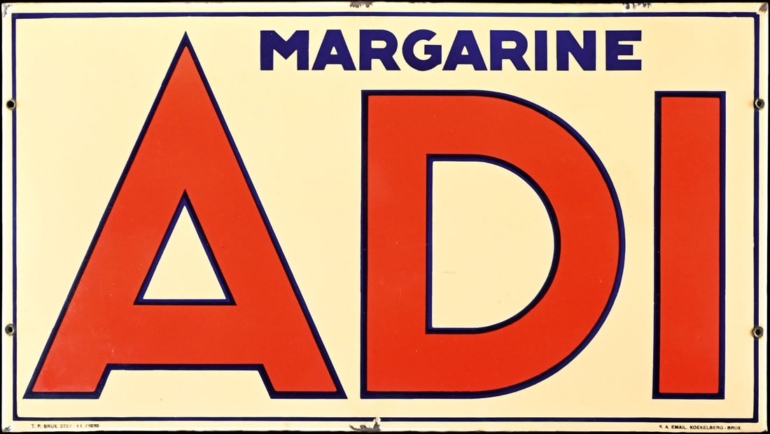 ADI MARGARINE | PORCELAIN SIGN | (1-2): Porcelain sign ( Enamel sign ), stenciled, BE 1939, 68 x 38 cm | We do only sell old original pieces - no reproductions or fakes. We pack in house, most items can be shipped overseas. Wooden crates ar