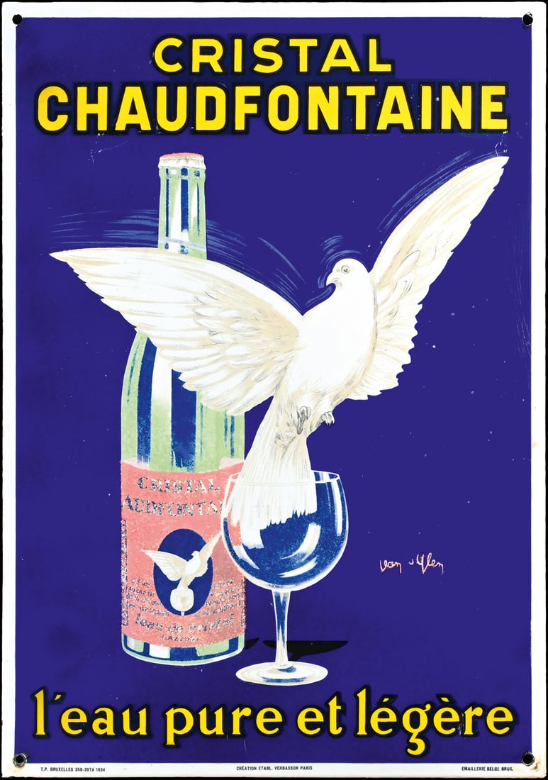 CRISTAL CHAUDFONTAINE | PORCELAIN SIGN BY JEAN d'YLEN | (R): Porcelain sign ( Enamel sign ), stenciled and lithographed, BE 1934, 50 x 70 cm, Emaillerie Belge Brux., signed: Jean d'Ylen, marked: Creation Etabl Vercasson, Paris, visually in a very beautiful over