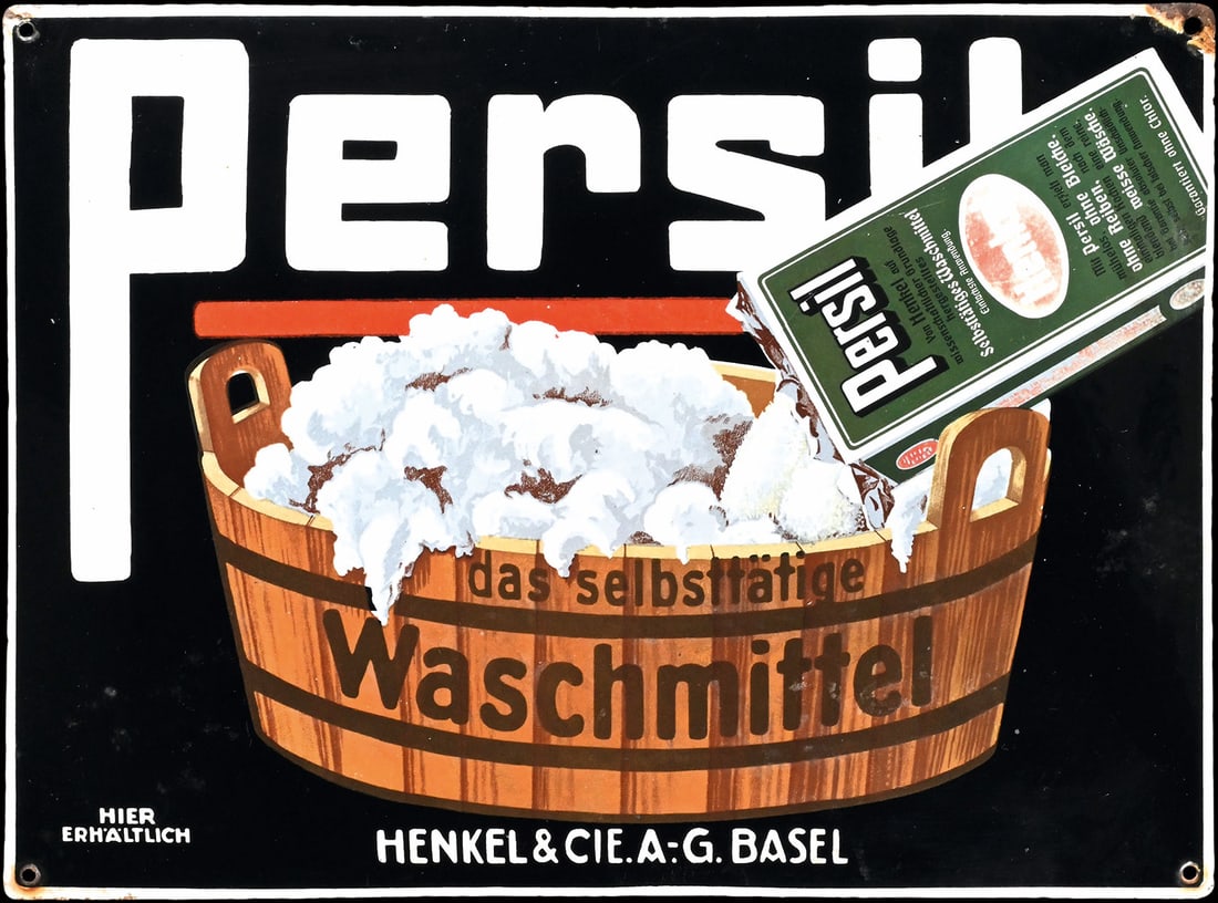 PERSIL | PORCELAIN SIGN | (2): Porcelain sign ( Enamel sign ), convex, stenciled and lithographed, Basel/CH around 1930, 45 x 33 cm, the wash tub in the Swiss version, the package includes the red litho with slight signs of age, th