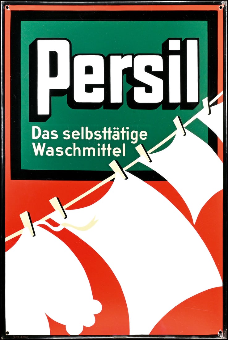 PERSIL - DAS SELBSTTAETIGE WASCHMITTEL | BIG SIZE PORCELAIN SIGN | (1): Porcelain sign ( Enamel sign ), stenciled, GER/AT around 1930, 64 x 98 cm, Ferro-Email, C. Robert Dold, Offenburg i.B., very glossy surface, brilliant colors, a piece that could also be rated with (1+