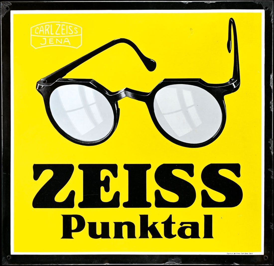 ZEISS PUNKTAL | PORCELAIN SIGN | (2): Porcelain sign ( Enamel sign ), stenciled and lithographed, GER around 1930, 76 x 73 cm, a timeless design by Zeiss, the black with traces of aging |*Bulky-item shipping is available | We do only sell