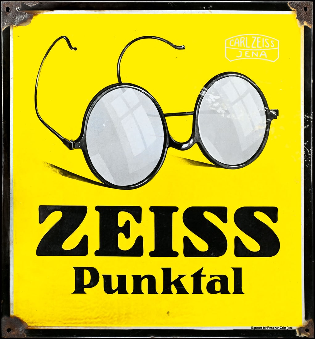 ZEISS PUNKTAL | PORCELAIN SIGN | (2-3): Porcelain sign ( Enamel sign ), stenciled and lithographed, GER 1920s, 75 x 80 cm, very beautiful gloss, some traces of aging |*Bulky-item shipping is available | We do only sell old original pieces -