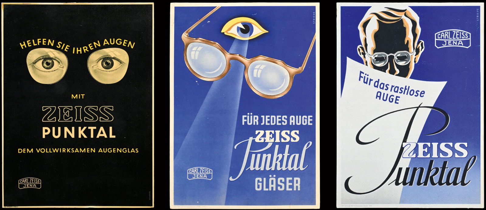 ZEISS PUNKTAL | CARDBOARD SIGNS | (1): 3 advertising cardboards, offset print, some with stand on the back, the black cardboard with glossy coating, GER around 1950, 30 x 42 cm, signed: Striepe | Schoppe | We do only sell old original piec