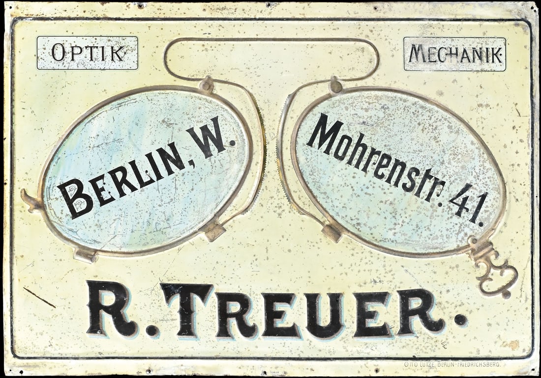 OPTIK TREUER | TIN SIGN | (2): Tin sign, embossed, lithographed, GER around 1905, 60 x 42 cm, Otto Lutze, Berlin Friedrichsberg | We do only sell old original pieces - no reproductions or fakes. We pack in house, most items can be 