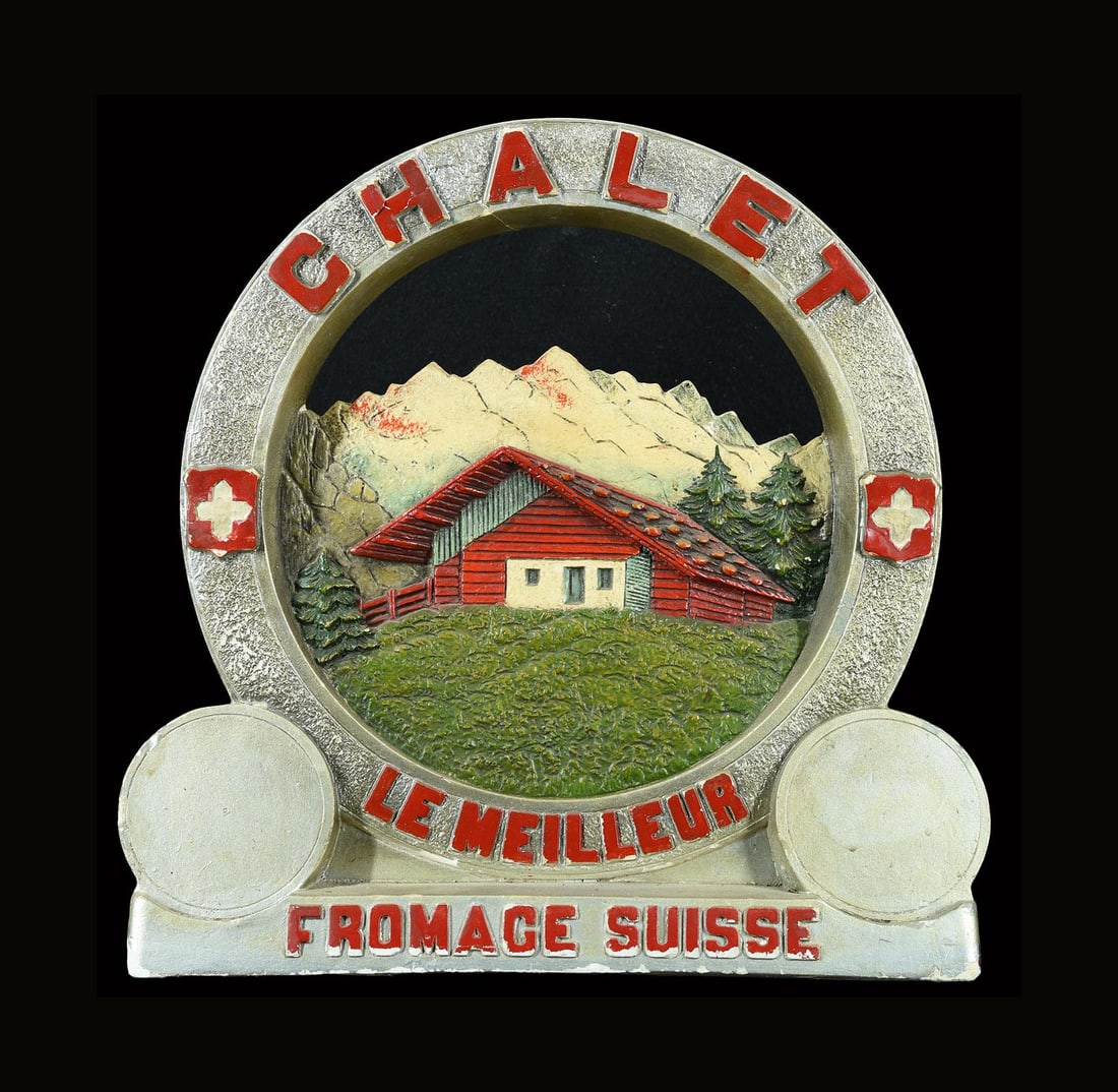 CHALET SUISSE | ADVERTISING FIGURE | (1): Advertising model, plaster, CH 1930s, H 41 cm, Art Belge, signed: Tich. Vandenbalck, left and right with gaps for product placements, rare | We do only sell old original pieces - no reproductions or f