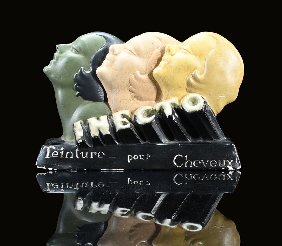 INECTO TEINTURE POUR CHEVEUX | RARE ADVERTISING FIGURE | (1-): Advertising model, plaster, F 1920s, H 22 cm | We do only sell old original pieces - no reproductions or fakes. We pack in house, most items can be shipped overseas. Wooden crates are available. For f
