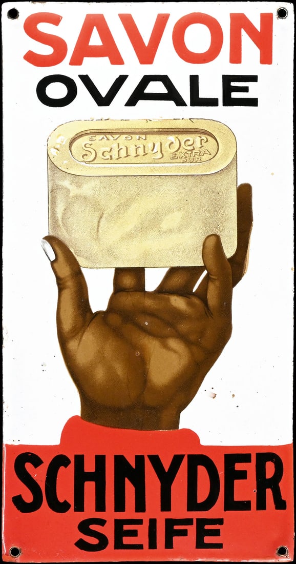 SAVON OVALE - SCHNYDER SEIFE | RARE PORCELAIN SIGN | (1+): Porcelain sign ( Enamel sign ), convex, thickly stenciled, lithographed, Biel/CH around 1915, 16 x 31 cm, most likely a production of Emaillierwerke Elberfeld, striking graphics, the black lettering t