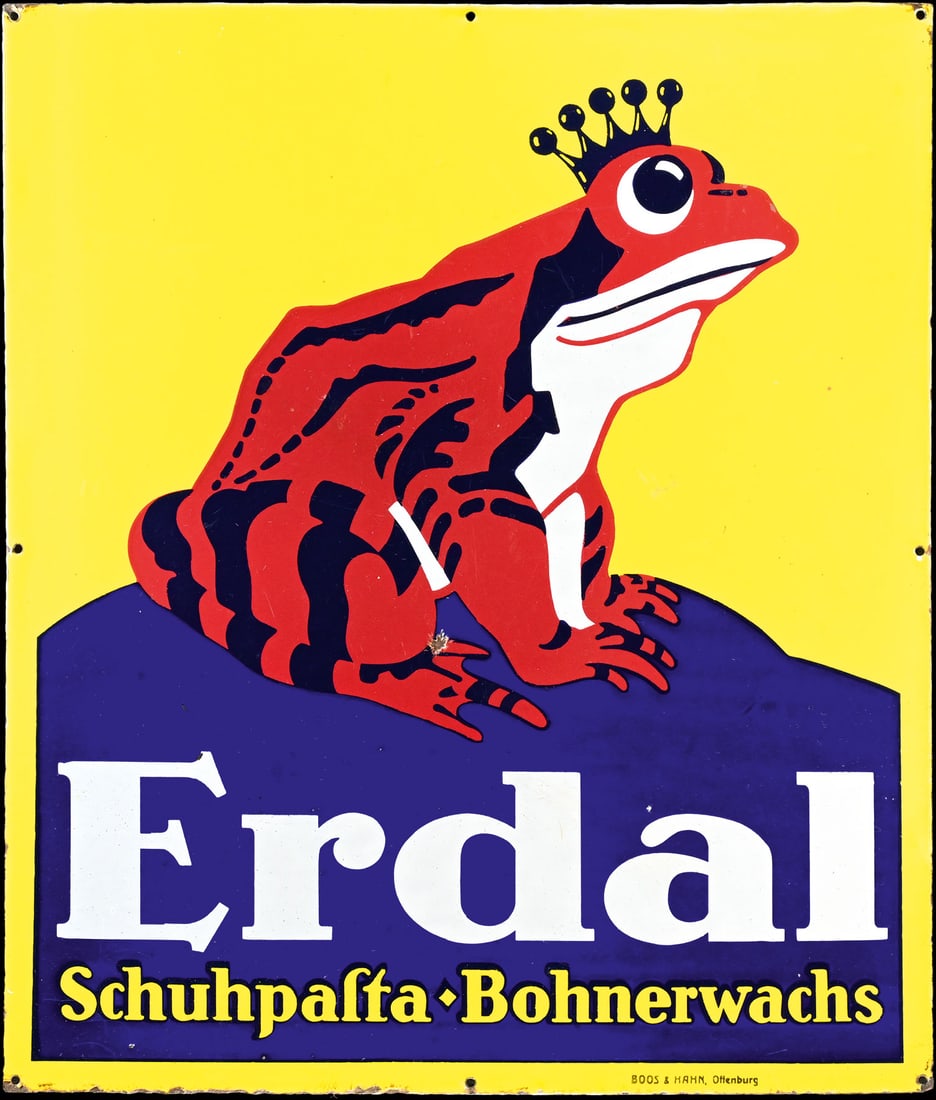 ERDAL | PORCELAIN SIGN | (1-2): Porcelain sign ( Enamel sign ), stenciled, GER 1919, 60 x 70 cm, Boos & Hahn, Offenburg, the first red frog version, it still used to be made by Boos & Hahn, very beautiful gloss and colors | We do on