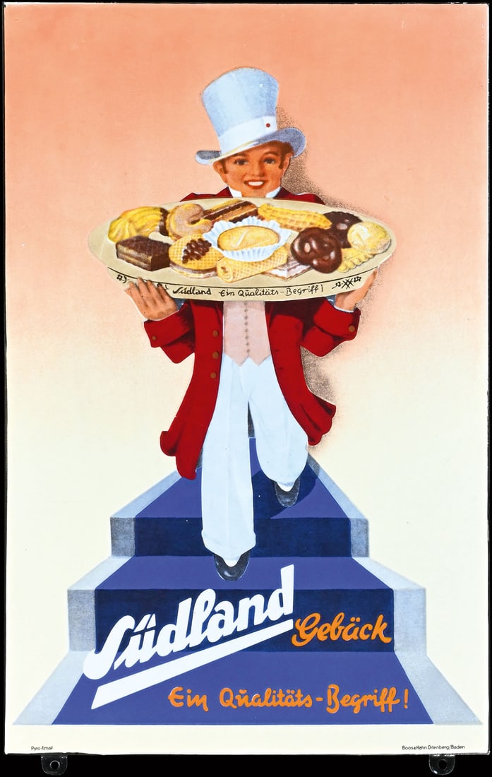 SUEDLAND GEBAECK | PORCELAIN SIGN | (1+): Porcelain sign ( Enamel sign ), thickly stenciled, lithographed, GER around 1950, 38 x 58 cm, Pyro-Email - Boos & Hahn, Ortenberg/Baden | We do only sell old original pieces - no reproductions or fake