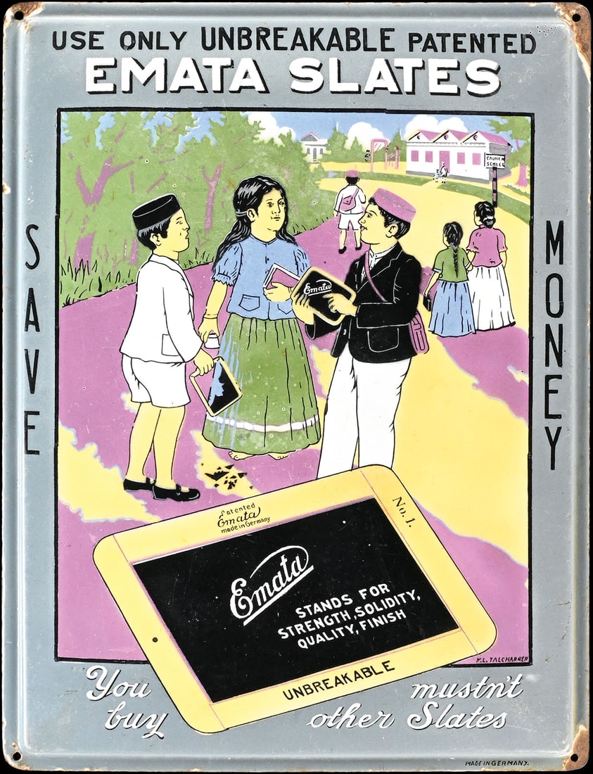 EMATA SLATES | PORCELAIN SIGN | (1): Porcelain sign ( Enamel sign ), convex, stenciled and lithographed, around 1930, 39 x 50,5 cm, Made in Germany, signed: K.L. Talcharker, advertising the small "unbreakable" lettering boards from Germa