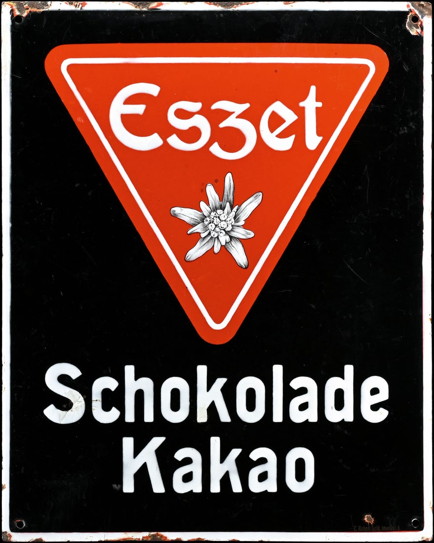 ESZET SCHOKOLADE KAKAO | PORCELAIN SIGN | (2-): Porcelain sign ( Enamel sign ), convex, stenciled and lithographed, GER around 1910, 40 x 50 cm, C. Robert Dold, Offenburg i.B., two touched-up parts in the lettering and scratches, early manufacturin